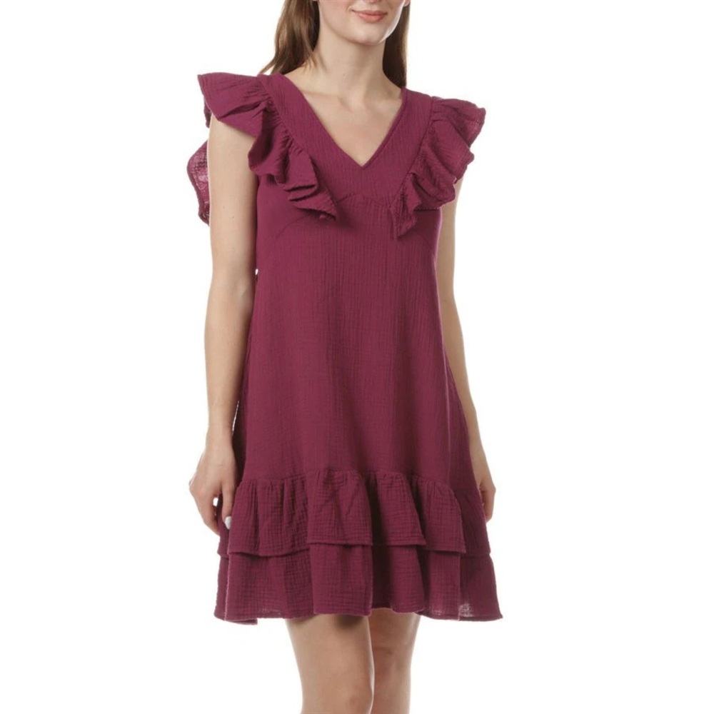 Tribal Femme Cotton Guaze Fitted Dress with Frills in Plum Petite Large